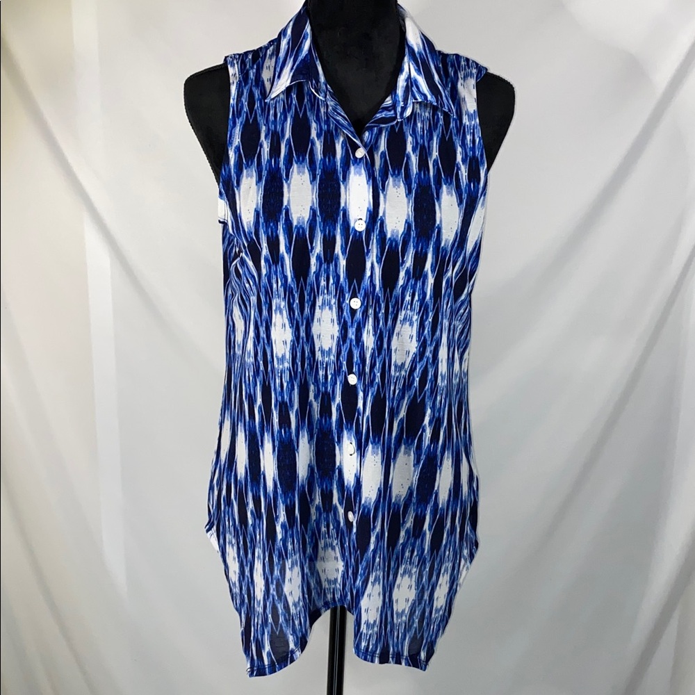 AGB Blue White Tie Dye Sleeveless Button Down Blouse Top Medium